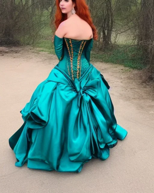 princess with long auburn hair in a big teal green and gold satin ballgown corset off shoulder top casting magic