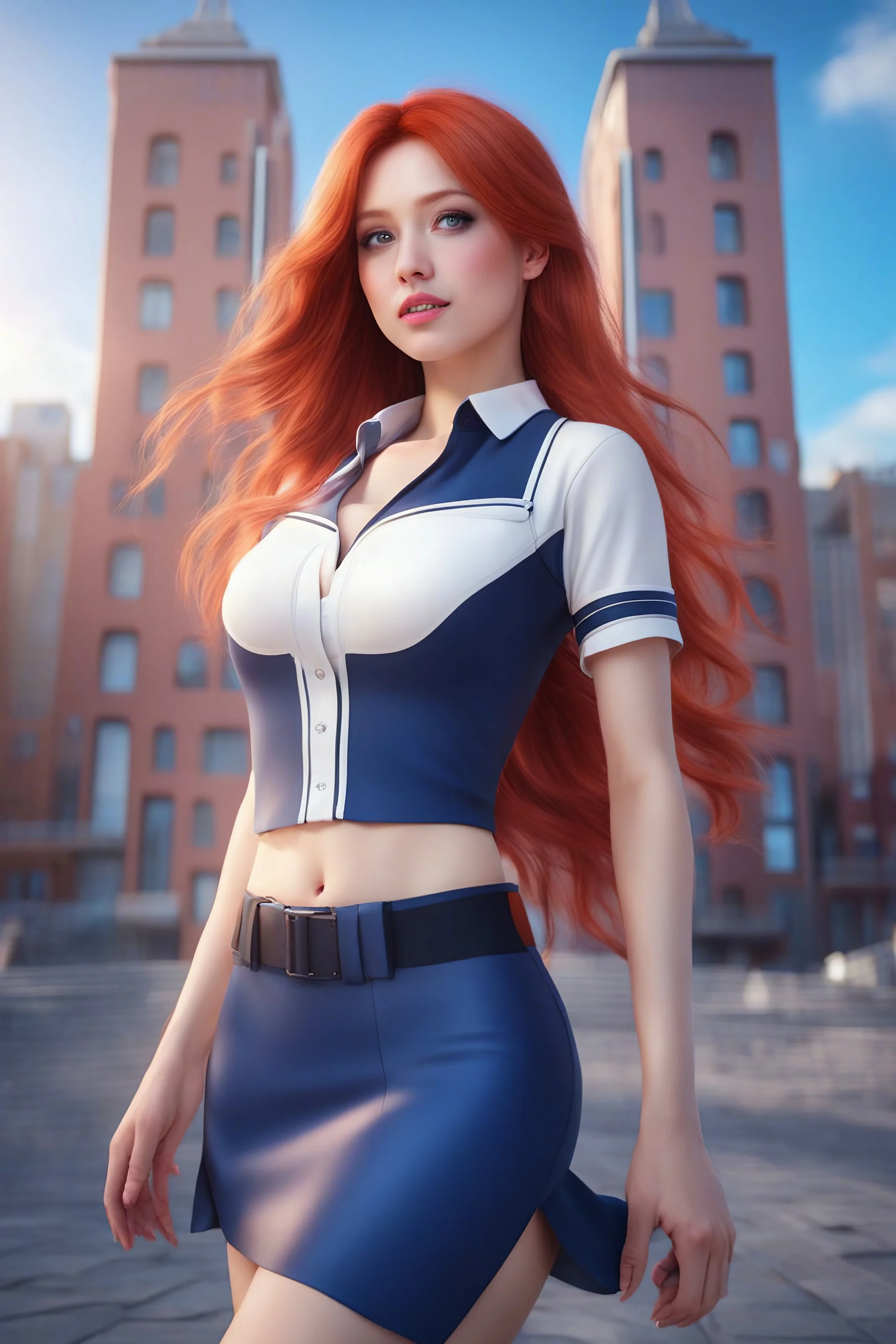 Create an ultra-realistic 8K photo in full body digital photo mode, beautiful Aerogirl character, perfect, well-endowed figure, long Red hair, deep blue eyes shining like the sky, wearing a blouse and miniskirt in original colors, standing in front of two utopian modern buildings, shiny and glowing skin, majestic and powerful expression, full body, dynamic pose with beams of light radiating, life-size, perfect anatomy, detailed skin texture, full HD, 4K, HDR, perfect anatomy, depth of field."