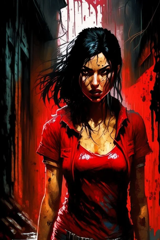 woman in a red shirt standing in a dark alley, by Aleksi Briclot, digital art, girl with black hair, bloody river in hell, as a fortnite character, woman very tired, ready to fight, no yellow color in eyes, torrential rain of blood, stylised comic art, uncharted, bbc promotional artwork