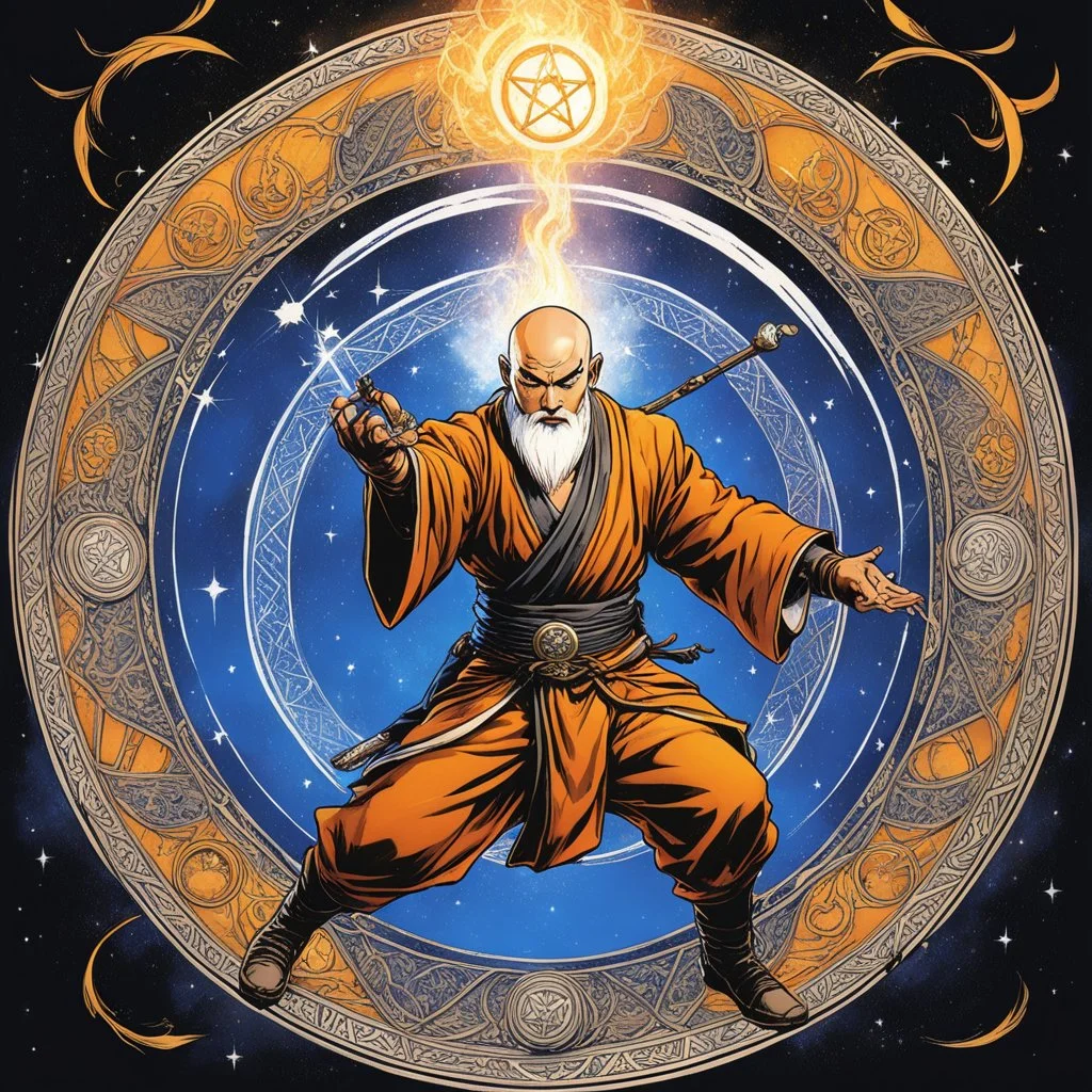(in the style of Orion, by Masamune Shirow) a Shaolin monk casting a magic spell in the middle of a pentacle, magic is in the air, he cast fire by his hands
