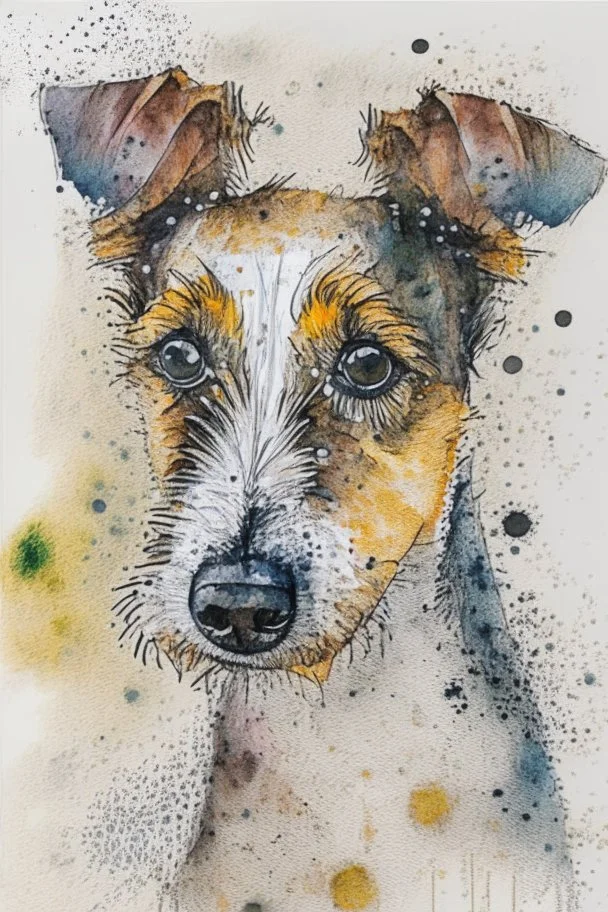 Abstract wet watercolour of the head of a long coated coated jack Russell, ink lines, interlinked circles, detailed,focus on eyes, watercolour paper