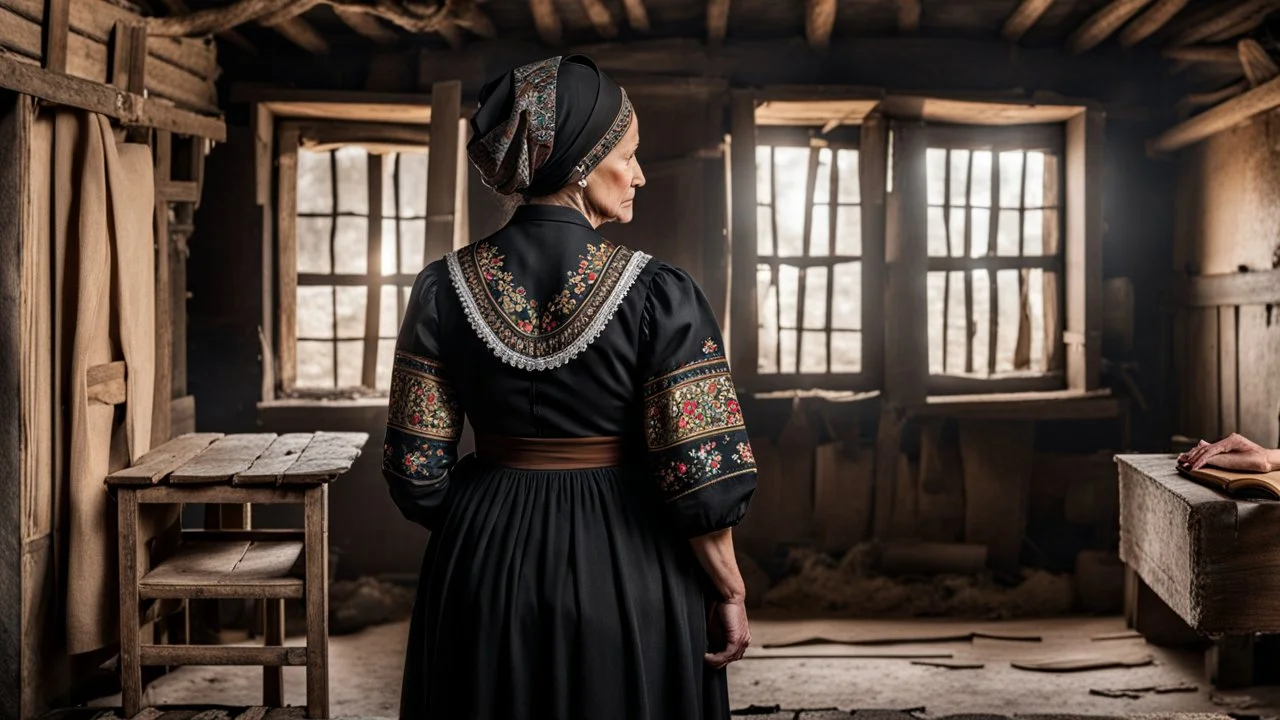 in front of the picture from the back, an middle-aged woman in a black vintage hungarian folk dress with brown hair in black woman headscarf , her standing in villager room and looking at a wooden cross on the wall , old, village environment, little light, sad atmosphere, high detailed, sharp focus, high realistic, perfect photo