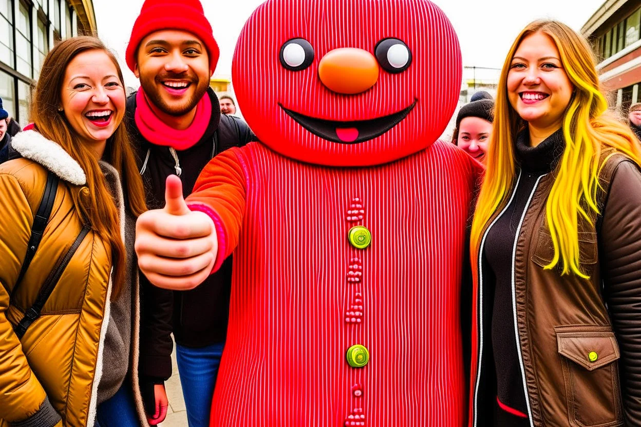 people getting a selfie with the "gingerbread man"