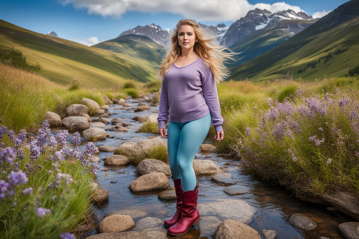 country side ,blue sky , mountains, pretty clouds ,small rocky river with clear water small rocks in floor,wild flowers,beautiful 18 year old girl with ash blonde hair and blue eyes with her curvy hair down, wearing a long-sleeved woollen top, and lilac long leggings, with long red boots full body standing pose shot