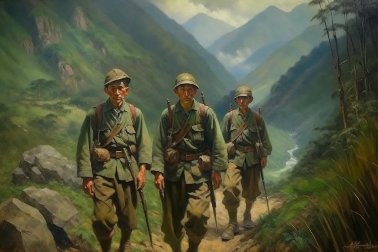 Japanese 1920 oil painting FEDRA from TLOU but as Vietnam men soldiers in the mountains far away from the scenery