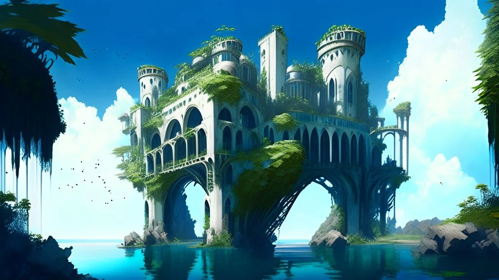 A futuristic ruined gothic building on an island floating over the sea with balconies, verandas, many arches, bridges, spires, paths, trees, dense foliage, spanish moss, ivy, blue sky, white clouds