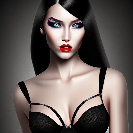 black hair lady model bra with cat eyes