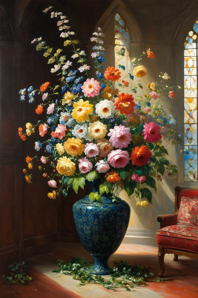 A sumptuous floral arrangement of the 1580s Dutch style, masterfully captured in an oil painting by a renowned artist of the medieval period. Opulent and refined, this stunning work of art features intricate details illuminated by the gentle rays of daylight streaming through stained interior walls. The flowers bloom with vivid colors, intricate textures, and a sense of timeless elegance, drawing viewers into a world of beauty and sophistication.