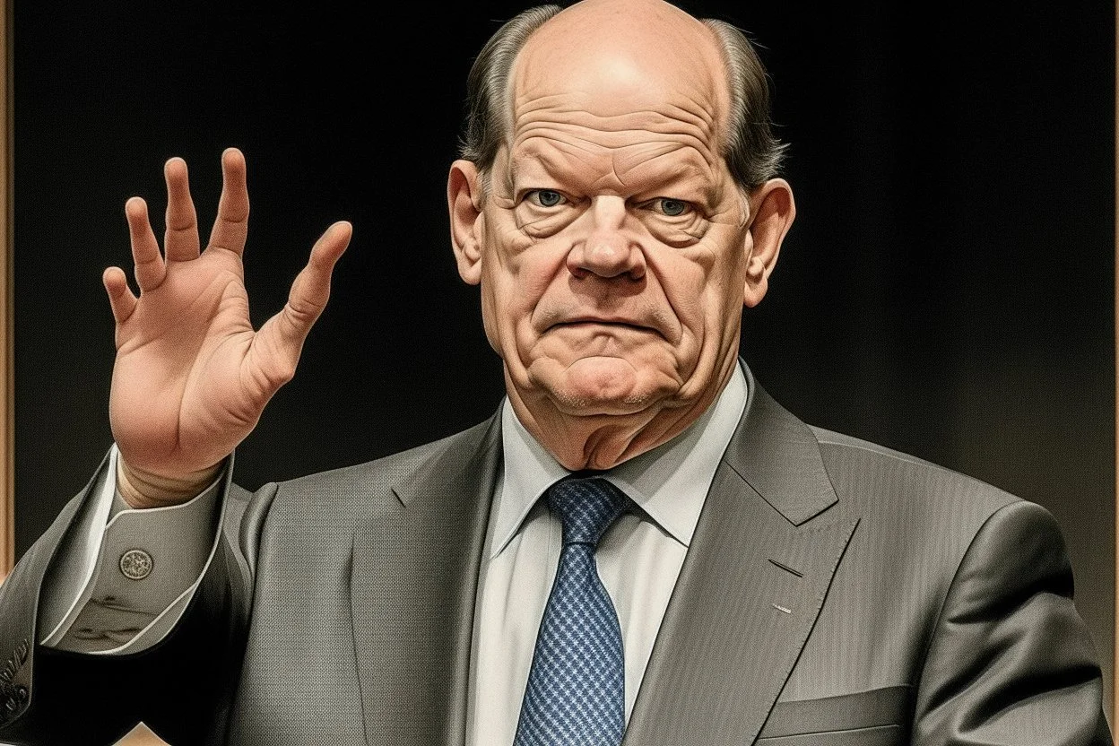 Olaf Scholz with concerned expression, waving hand, pressed lips; in the style of Albrecht Dürer