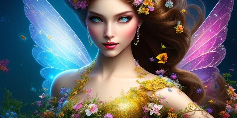 bright fairy, beautiful portrait, flowery landscape