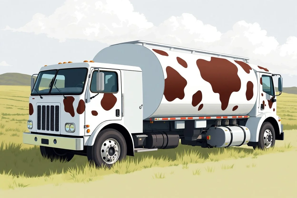 side view of a truck for fuel hauling, covered in large cow spots, illustration