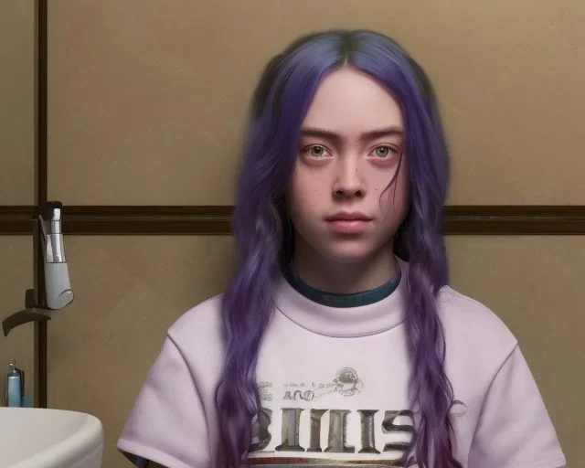 ying in the bathroom, photorealistic illustration, Billie Eilish