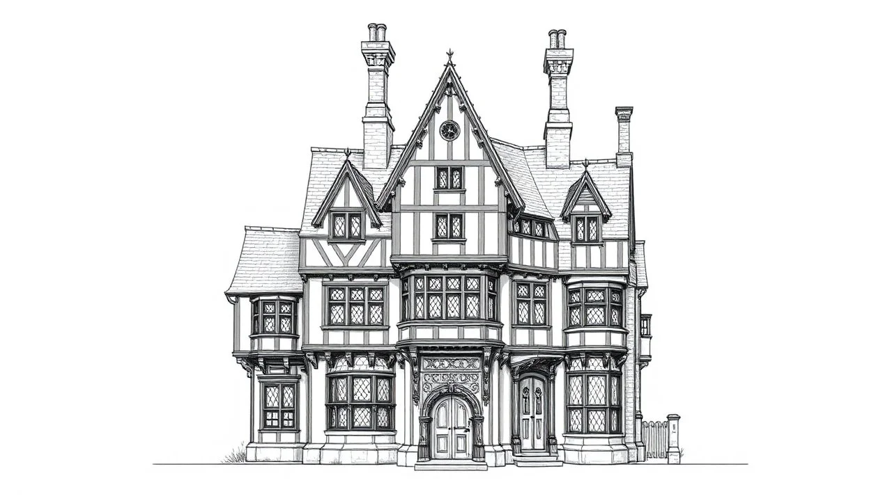 technical line drawing of the front elevation of a tall, narrow, warped, fantasy Tudor building, with twisted chimneys, rooms and floors added to sides and roofs, like the warren.