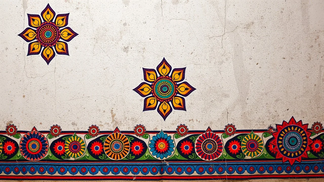 Beautiful And Colorful Rajasthani Folk Art On Grunge Wall Having Intricate Patterns.