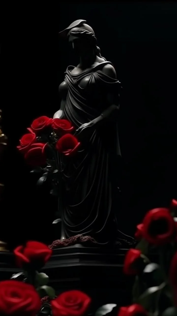 The statue of justice is filled with blood, carrying a scale full of red roses, and poppy flowers grow from underneath it and climb the statue. Dark garden background cinematic.9:16