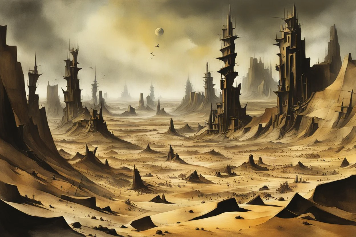 an Yves Tanguy, shattered otherworldly canyon land of twisted wind sculpted forms, arid and windswept harboring the bones of a forgotten civilization, neo surrealism, striking, atmospheric, dreamlike, in the graphic novel style of Dave McKean, photographic collage, watercolor underpainting, 4k