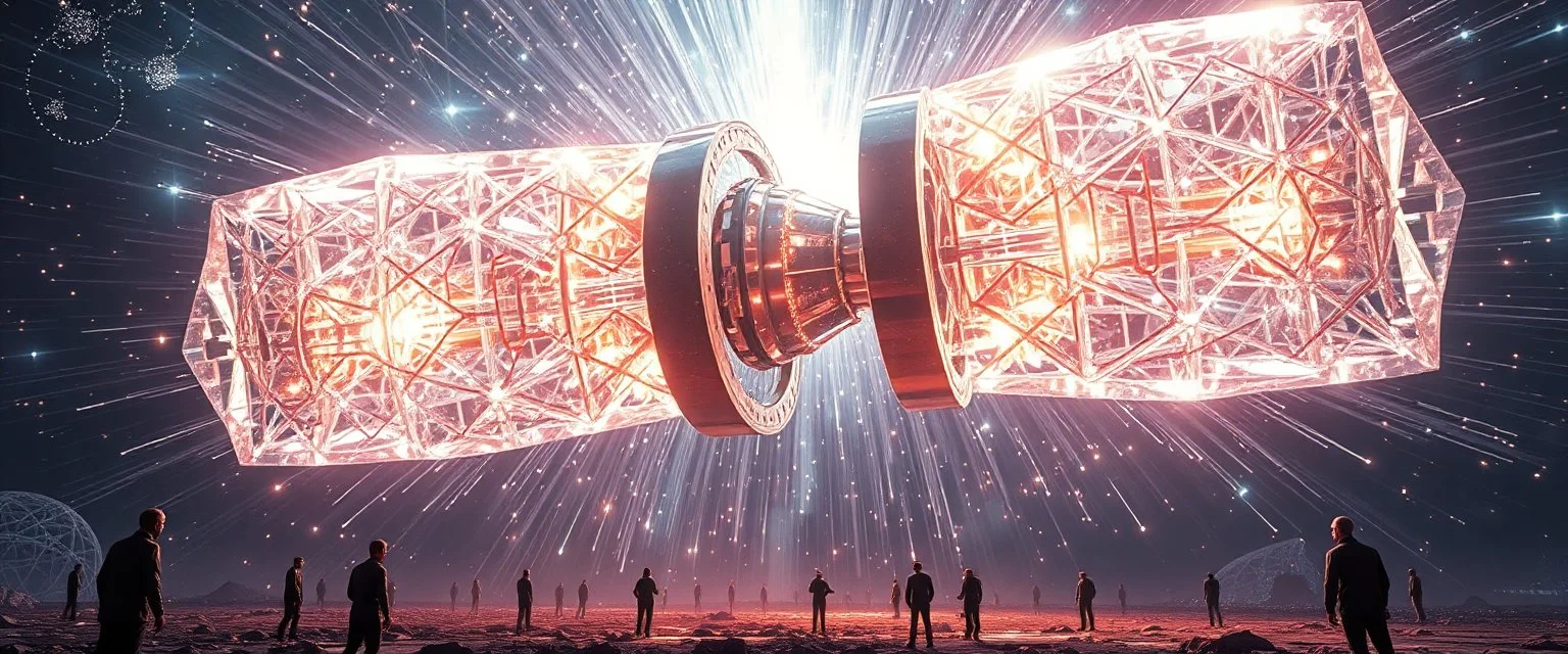 The crystalline fuel rods split apart in midair as thousands of glowing lattice structures unfold into impossible geometric machinery. Brilliant plasma, gravity distortions, white energy and cosmic symbols emerge from inside the rods. Reality bends around them while shocked brokers and alien outcasts watch from below. Epic cosmic science fiction, impossible technology, dazzling energy effects, volumetric lighting, ultra detailed, breathtaking concept art, 8k.