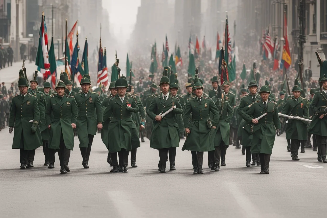 Soldiers marching in formation; military parade; marching along a street; green uniforms; medals and insignia; Rifles in their hands;