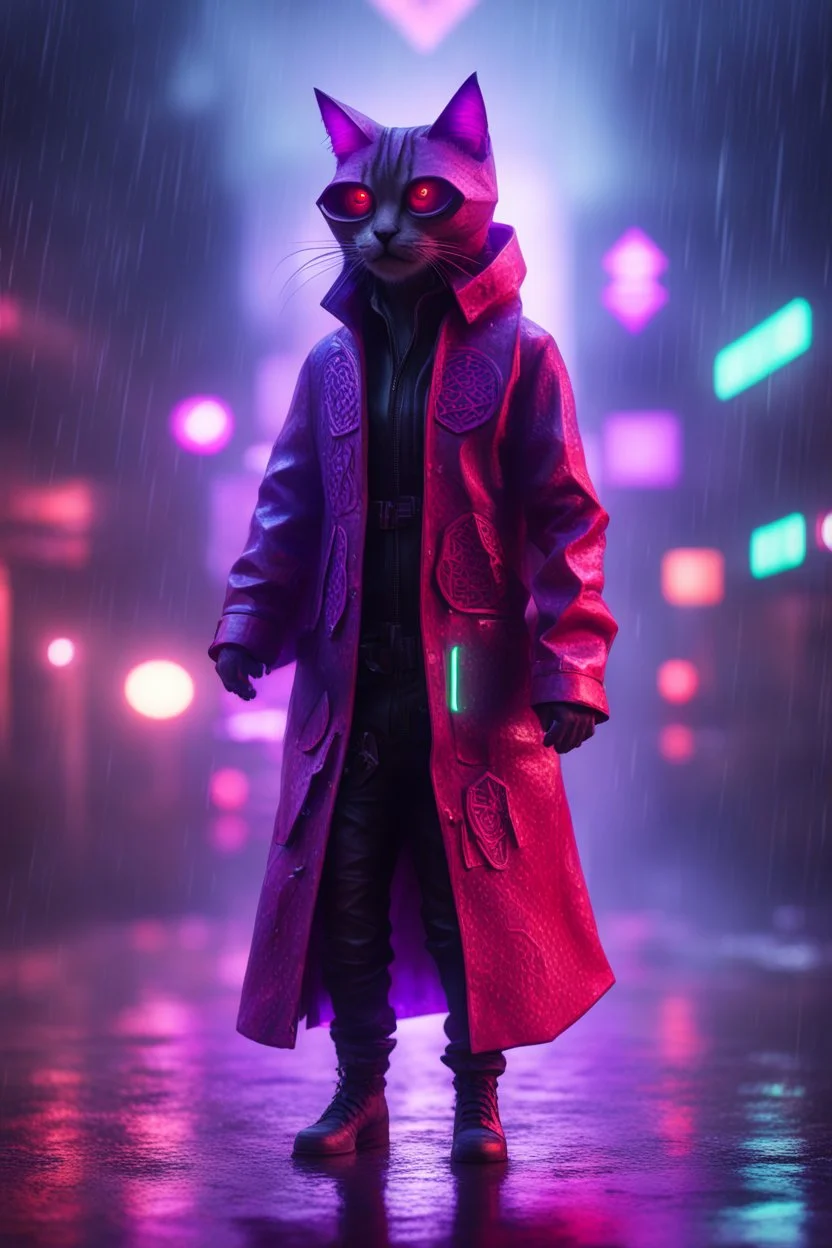 Volumetric fog cat lights,paradise sacred geometry framed playing card, black, red, spore and purple neon cyber punk dancer thief in soaked rain coat shadows boss card in the style of escher and fallout 4 ,,bokeh like f/0.8, tilt-shift lens 8k, high detail, smooth render, down-light, unreal engine