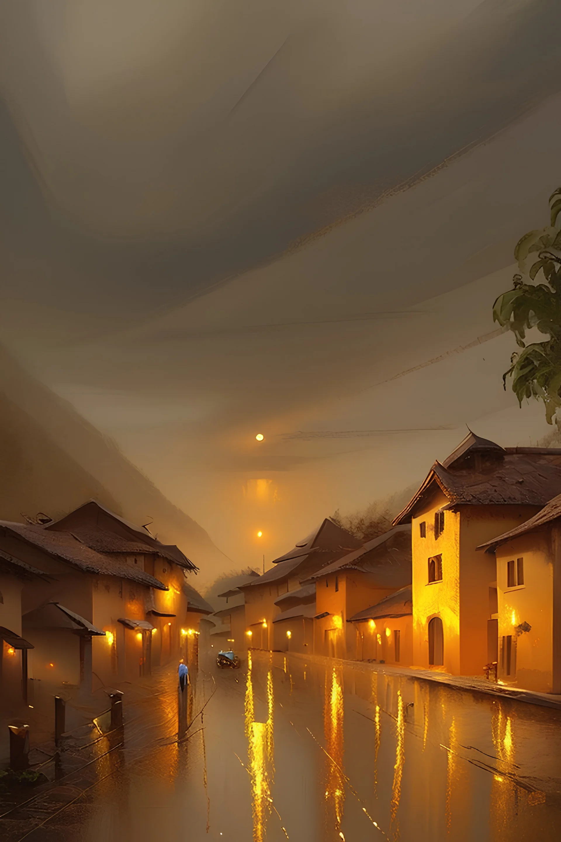 Rain oil painting turns anything it touches into gold in a village