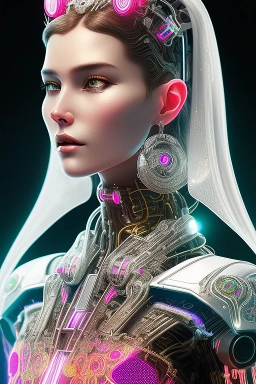 Portrait cyberpunk cybernetic AbstractTech Android bride with silver eyes and corneas in skin-tight ornate neon pink dress with silver filigree, full body shot, full-color long shot