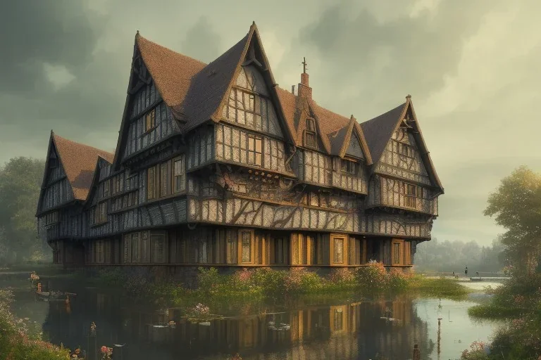 portrait of a tudor manor house on a street, fishpond architecture, highly detailed, blue sky, cinematic lighting, digital art painting by greg rutkowski