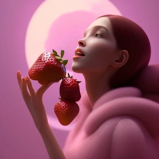 pixar style, volumetric pink sky environment and background, volumetric lighting, dramatic lighting, realistic painting of an strawberry and a beautiful woman eating marmelade, looking friendly, detailed digital painting, extreme dense and fine fur, anime, ornate, colour-washed colors, elegant, small minutiae, tiny features, particulars, centered, smooth, sharp focus, renderman gofur render, 8k, uhd, detailed eyes, realistic shaded volumetric lighting, caustics, backlight