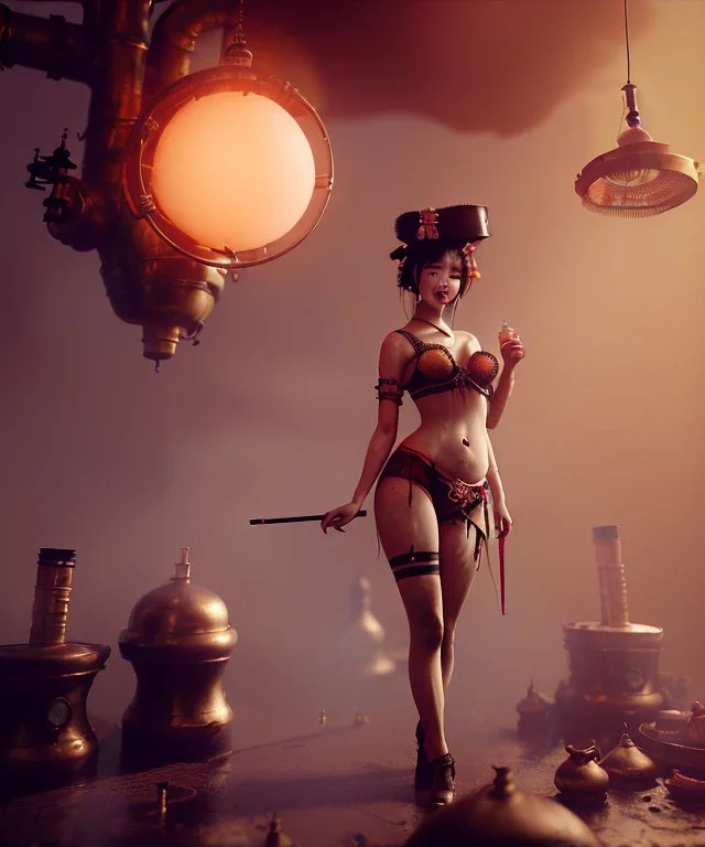 Surreal, steampunk , , cabaret scene. Geisha Asian woman. Birds, Fat old man, smoking, happy, hot, color fog, people background, highly detailed, concept art, unreal engine 5, god rays, ray tracing, RTX, lumen lighting, ultra detail, volumetric lighting, 3d, finely drawn, high definition, high resolution.