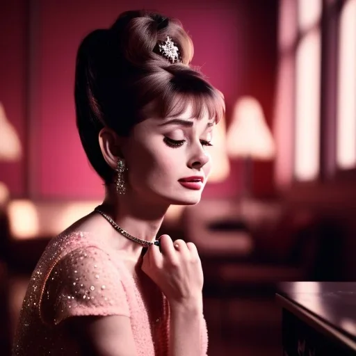 Audrey Hepburn as Playboy Girls, closed eyes, rtx, reflection, 8k, glow, winning photography, caustics