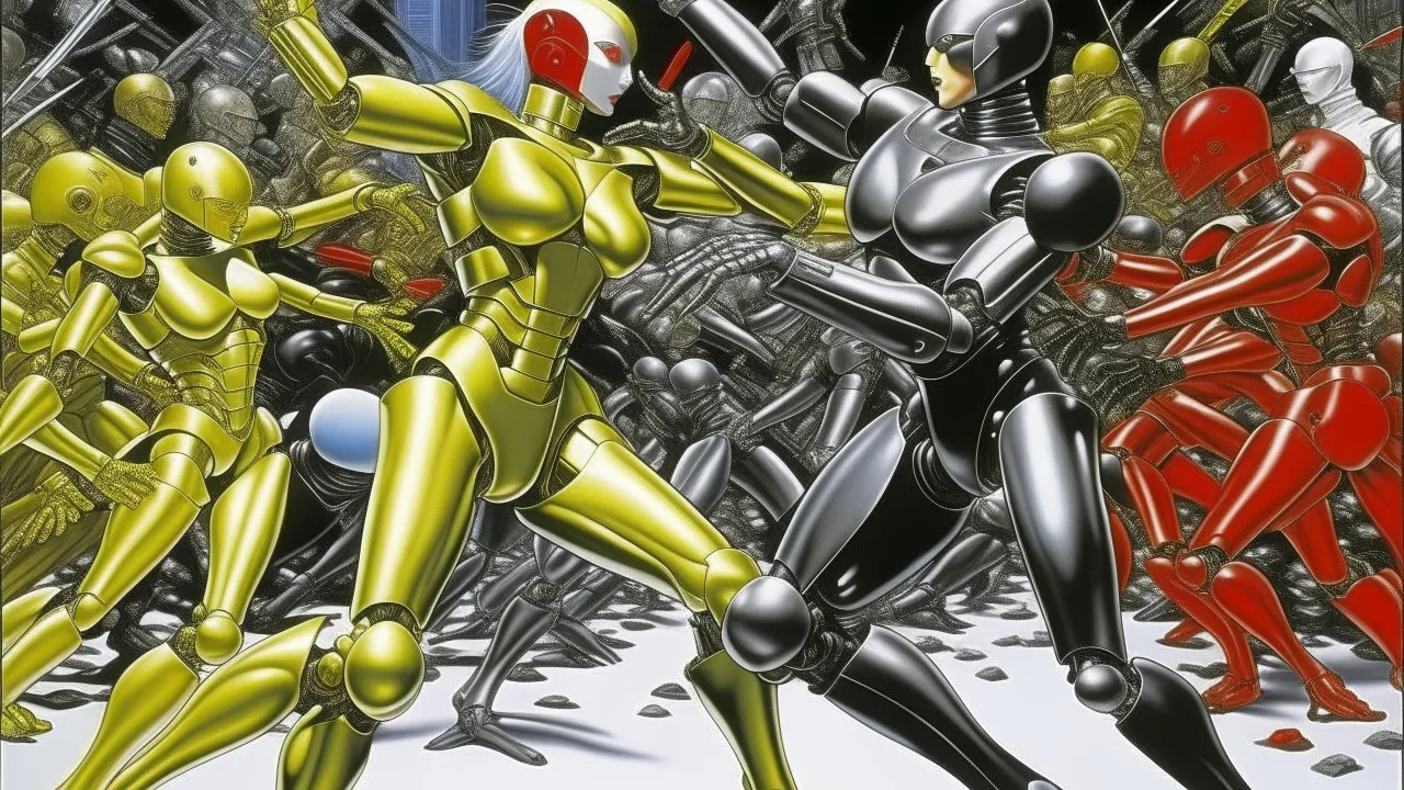 A photography by Hajime Sorayama of a fight between androids with anarchist flags and human fascists.