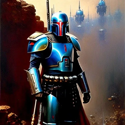 'Jango Fett helmet',ancient metal armor and helmet ,painting by gaston bussiere, greg rutkowski, yoji shinkawa, yoshitaka amano, tsutomu nihei, donato giancola, tim hildebrandt, oil on canvas, cinematic composition, extreme detail,fit full head inside picture,16k