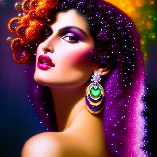 Hyperdetailed oil on canvas, gia carangi, detailed face, long hair, surrounded by luminous colorful sparkles, gypsy, grapes, blueberries, plums, sumac, pink bubbles, purple, by anne stokes, gaspar camps, maxfield parrish, alphonse mucha, cyril rolando, airbrush, depth of field, octane render, volumetric lighting; deep colors, symmetrical, cinematic, high coherence, golden ratio, rule of thirds, perfectly centered; anatomically correct faces, by james r. eads, ilon wikland art, vladyslav yerko