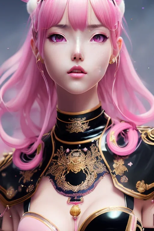 Detailed cute anime Kunoichi girl, pink hair buns, pink bangs, black latex bodysuit, intricate details, full body portrait, keep head in frame, slight smile, black Japanese motif, concept art, highly detailed, digital painting, concept art, sharp focus, illustration, art by Yoji Shinkawa, WLOP and greg rutkowski and alphonse mucha and artgerm and yanjun Chen and Junji ito and Makoto Shinkai, HDR, octane render