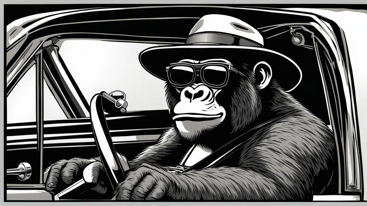 Gorilla wearing thick glasses driving a car. Illustration in the style of Ed "Big Daddy" Roth.