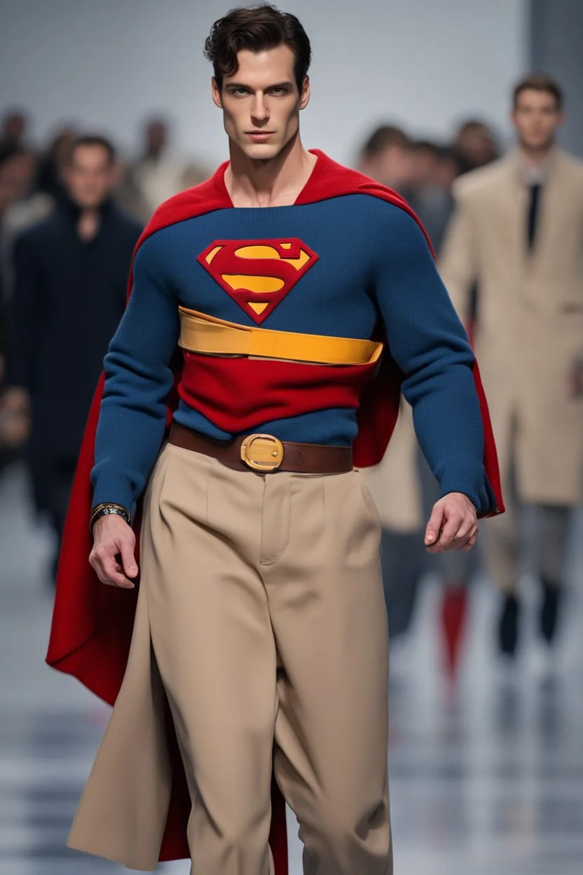 Men winter fashion runway modern clothes inspired by Superman Big logo Superman style clothes, elegant beige tones