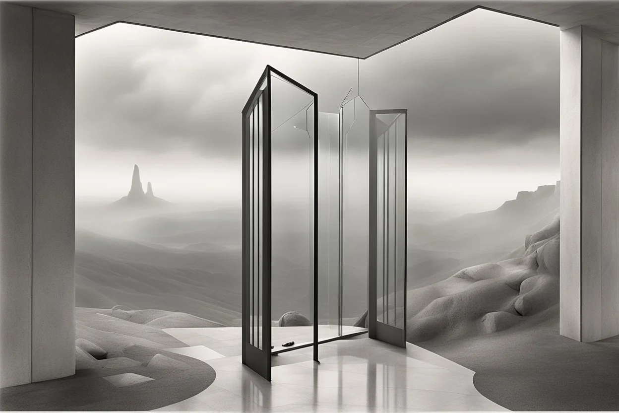 a surreal open glass gate in a glass wall with a view of a desolate landscape, fog, storm, greyscale, strong contrasts, by artist "Leonora Carrington",by artist "Zaha Hadid""