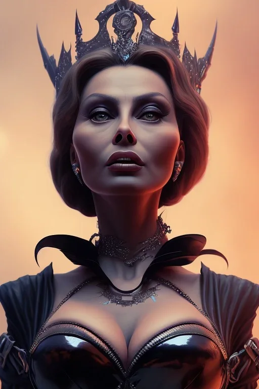 Sophia Loren as evil queen in black leather, cleavage, angry, stern look. character design by cory loftis, fenghua zhong, ryohei hase, ismail inceoglu and ruan jia. unreal engine 5, artistic lighting, highly detailed, photorealistic, fantasy