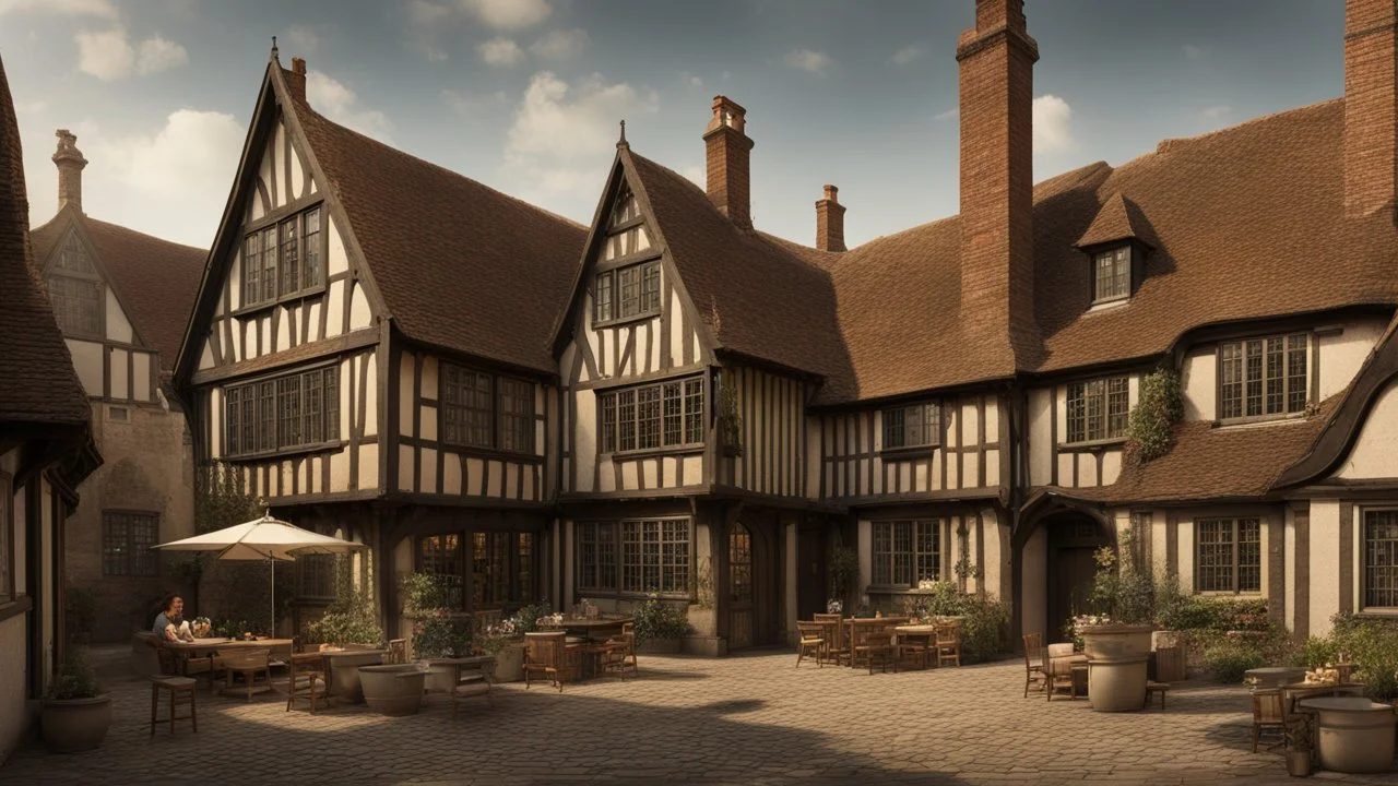 A Paved Courtyard, With Tudor Gothic Houses, Tall Chimneys, Crooked Roofs, a small stream, People, Shops,