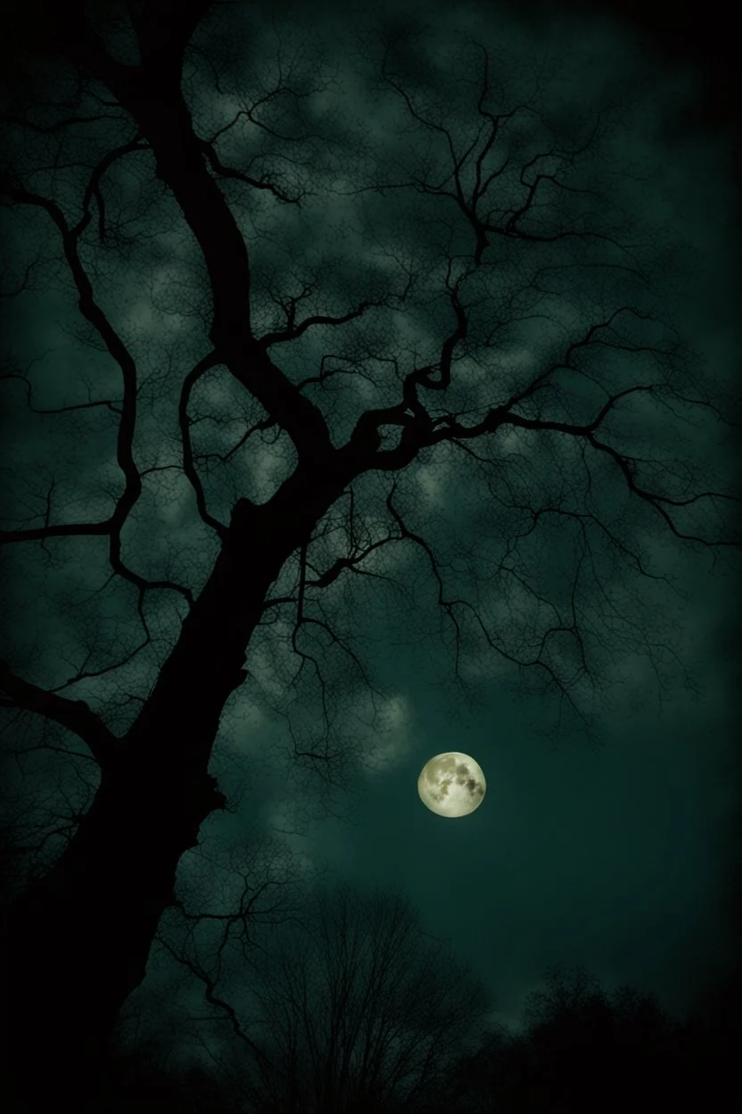 Night, tree leaves, moon, clouds, creepy gothic movies influence, photography