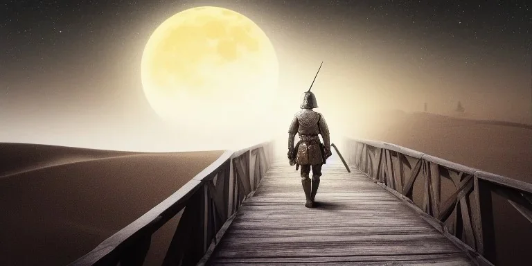 A Medieval Soldier walking on the bridge , desert , night , full moon , realistic , high resolution , HD , 1920pX1080p , dark