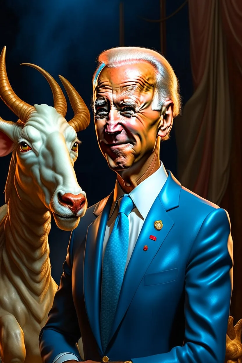 biden as a goat in the style of dali, spraypaint, photorealism, trending on artstation, 8k, depth of field, downlight, lightrays, volumetric