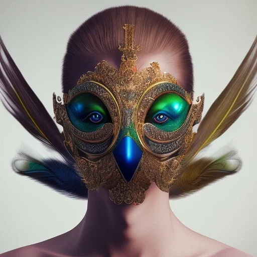 Mystery peacock feather face mask, dramatique, art background, dramatic lighting, volumetric lighting, hyperrealisme, 8k, high quality, lot of details, fit within portrait