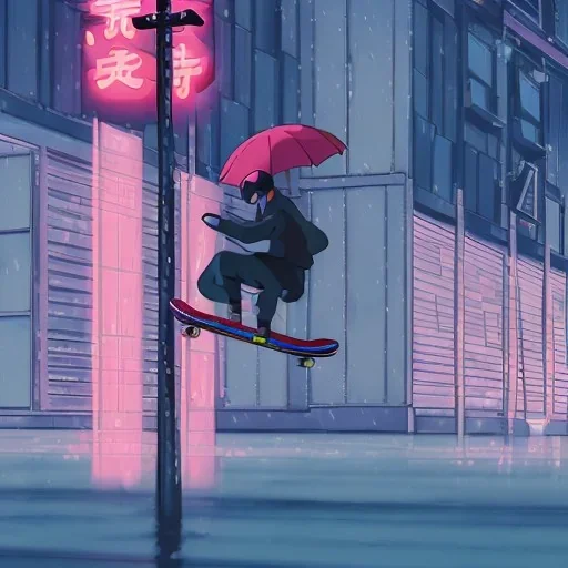 photo of a ninja riding a skateboard; in an alternate universe in tokyo; cyberpunk; realistic; rain; neon signs