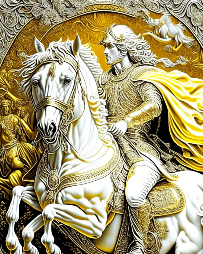 Alexander the Great on his horse fine intricate hyper-detailed ink art yellow cream silver and white full body 8k artwork