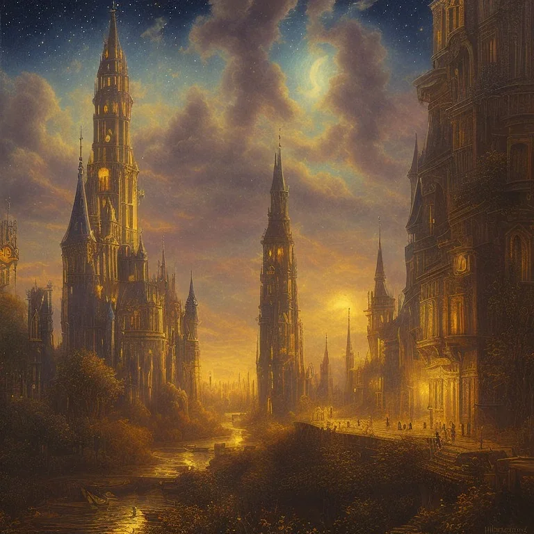 gothic painting of a victorian city in a fantasy starry night