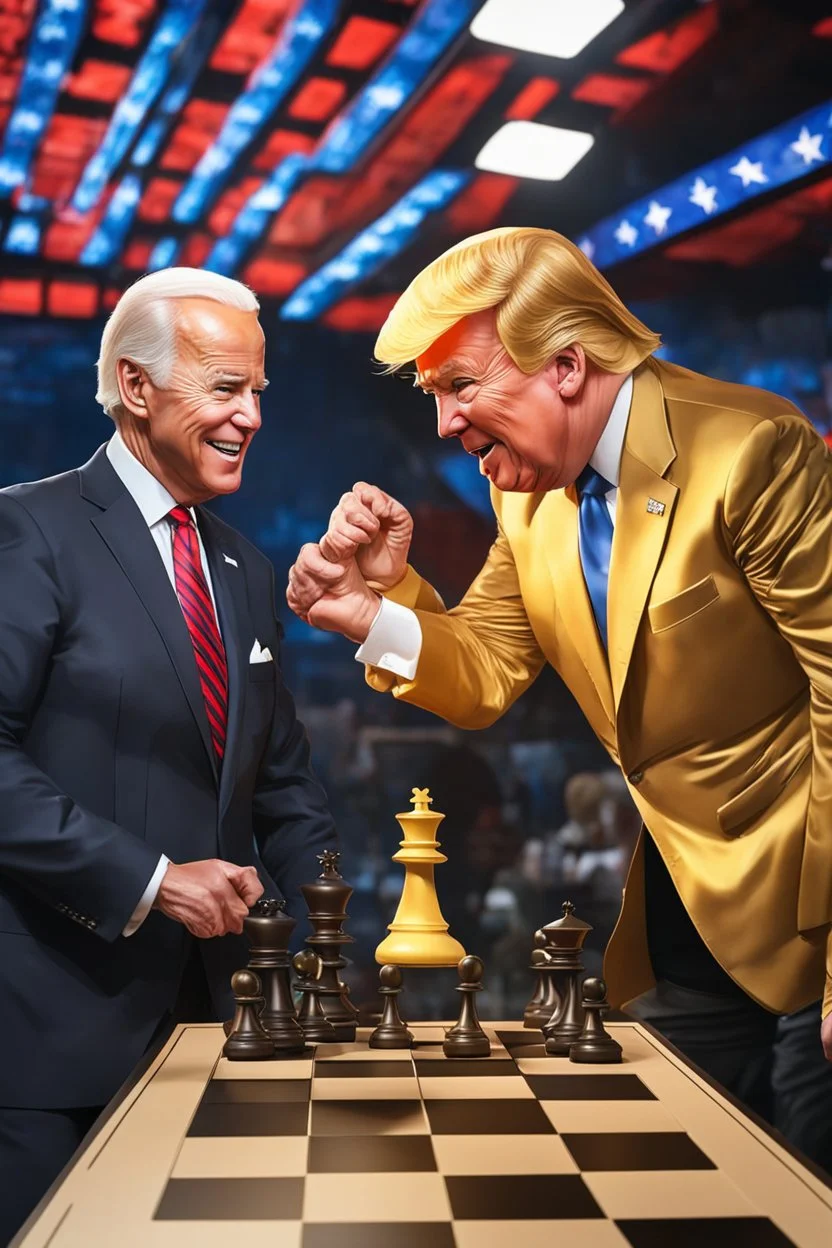 A hyper-realistic , Joe Biden and Trump in a game of chess,Trump smiling ,Biden angry, 64K, hyperrealistic, vivid colors, (glow effects:1.2) , 4K ultra detail, , real photo