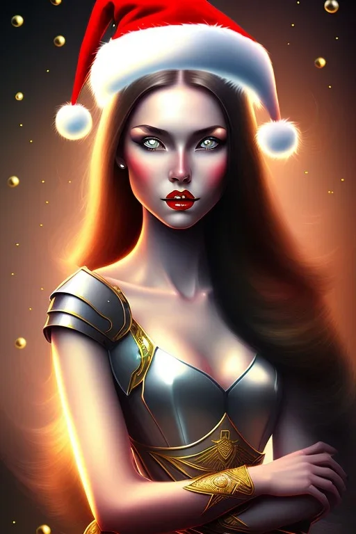 portrait lady warrior with black long hairs very big bobs and Christmas hat roses