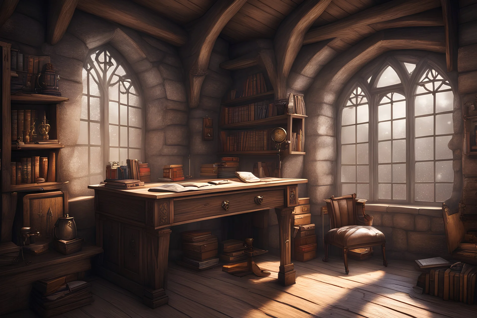 fantasy medieval study room with a desk