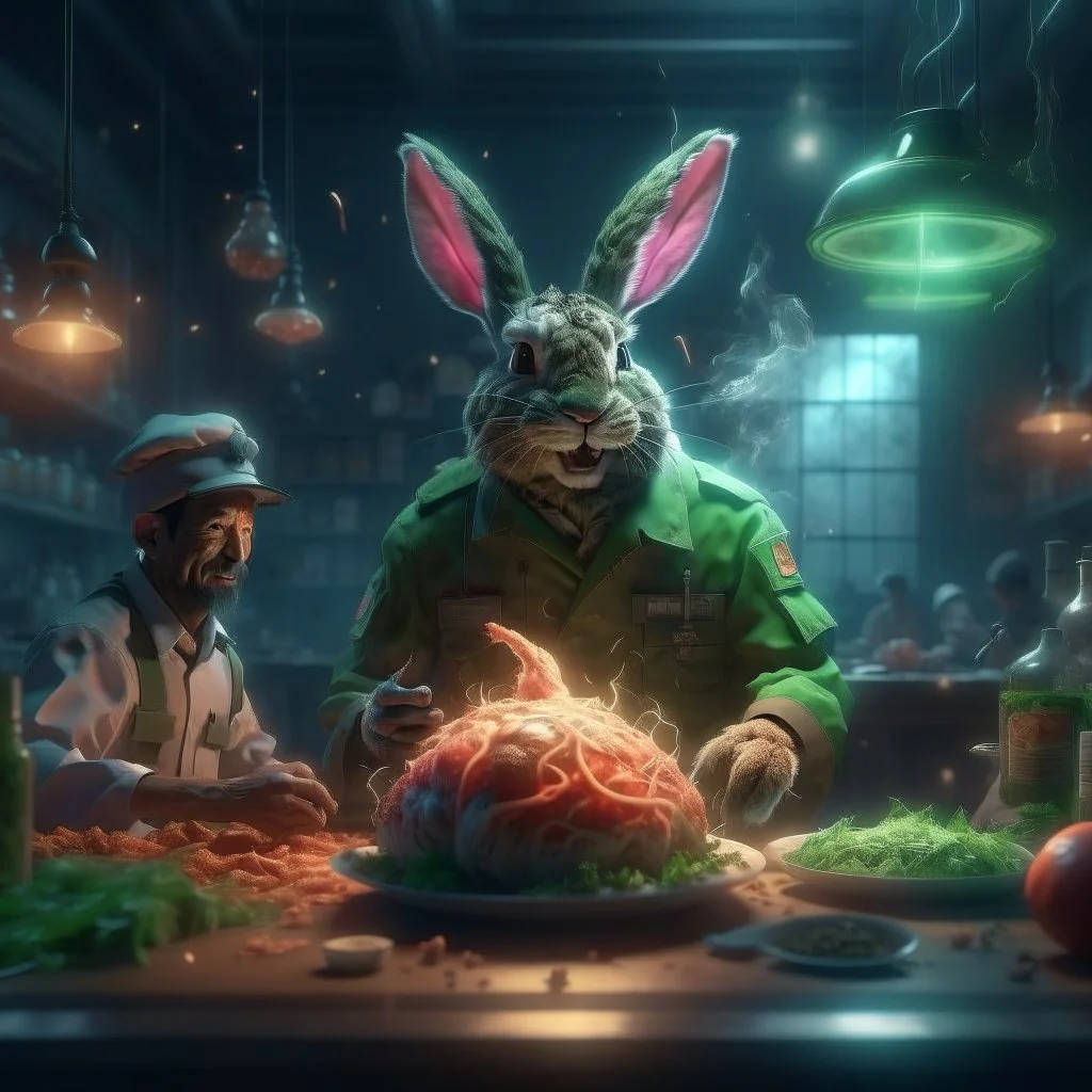 portrait of chopped crazy scientist and army officer irradiating levitating food inside grove with huge fluffy hare with nightmare mutations, 4 k, down-light, soft light, depth of field, photo realism, trending on art station, high detail, spray paint