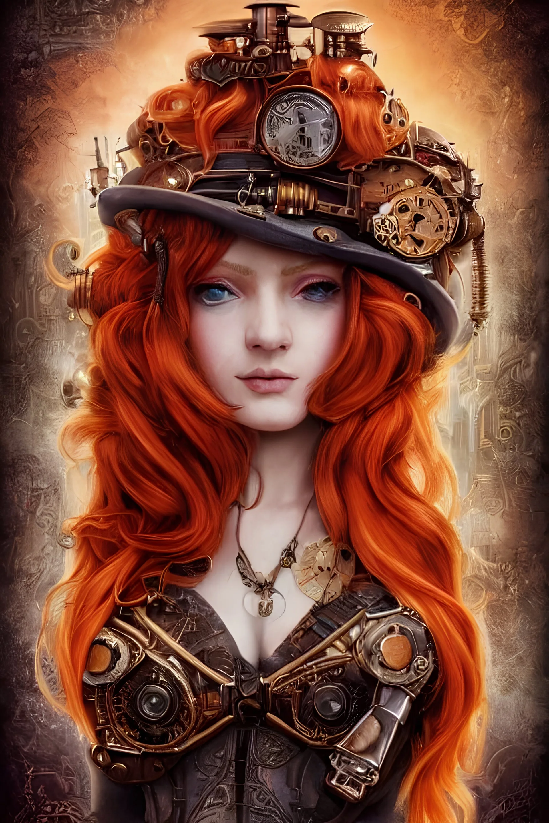 stunningly beautiful steampunk goddess, style of Girl Genius, red to orange hair hyper realist, hyper detailed, intricate, awesome, masterpiece, trending on artstation, deviantart, perfectly centered subject, hyper realist shading lighting, Kaja Foglio, Phil Folio, greg rutkowski, magali villeneuve, artgerm, wlop, rossdrawsby Andy Warhol, by Camille Corot, by Frida Kahlo, by Katsushika Hokusai, Graphemes, Light Painting, Soviet Art, Technicolor